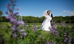 a bride and groom surrounded by greenery and flowers
