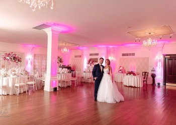 a bride and groom in their wedding reception area